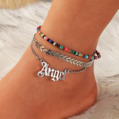 New Arrival Metal Letter Anklets Womens Vintage Beads Measle Color Multilayer Alloy Angel Pendant Anklets Jewelry for Girls