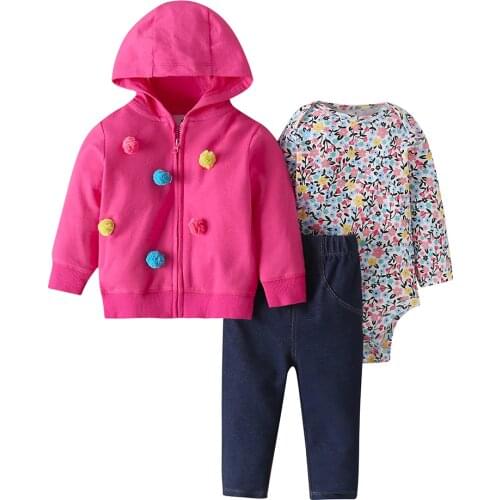 Baby Girl Clothes Long Sleeve Hooded Jacket+Floral Bodysuit+Pant 2021 Fashion Newborn Outfit Fall Infant Clothing Set Zipper