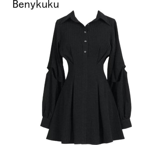 Autumn Punk Gothic Black Shirt Dress Fashion Dark Street Grunge Clothes Long Sleeve V Collar Sexy Slim High Waist Mini Dresses