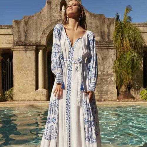 Embroidery Maxi Dress Moroccan v-neck tassle tie white dress female 2021Spring summer dress