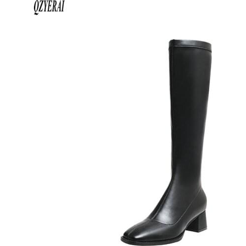 QZYERAI New winter Knee high boots Genuine leather Women boots Knight boots Female boots Square head warm Women shoes