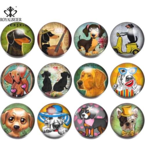 ROYALBEIER 12pcs/lot Cartoon Image Dog Pattern Snap Buttons 18mm Glass Snap Jewelry Fit Snap Bracelet Necklace Jewelry KZ1006