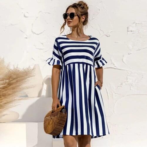 Striped Print Ruffles Sleeves Dresses Women Summer Fashion Loose A Line Dress Female Summer O Neck Plus Size Party Mini Dress
