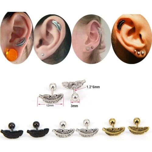 1 Pair 1.2*6mm Feather Ear Cartilage Piercing Tragus Helix Studs Piercing Body Jewelry Stianless Steel Earrings Jewelry Men