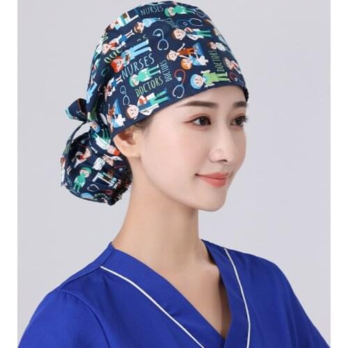 Womens Cotton Caps Printed Surgical Weat-Absorbent Elastic Hat Long Hair Tie Buttons Pet Grooming Nursing Doctor Work Hats