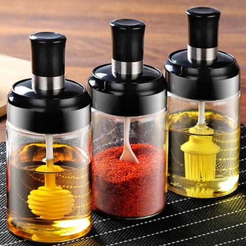 250ml Seasoning Bottles Glass Condiment Storage Containers Condiment Pot Spice jar with Spoon Honey Pot Oil Brush Bottle