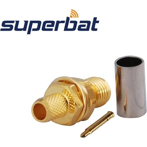 Superbat 10pcs RP-SMA 50 Ohm Crimp Jack(male pin) Bulkhead Connector for RG58 LMR195 RG400 RG142