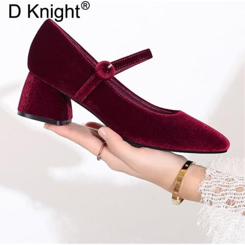 New Buckle Strap 4.5cm Thick Heels Red Wedding Dress Pumps Shoes For Woman Retro Velvet Square Toe Mary Jane Single Shoes Female