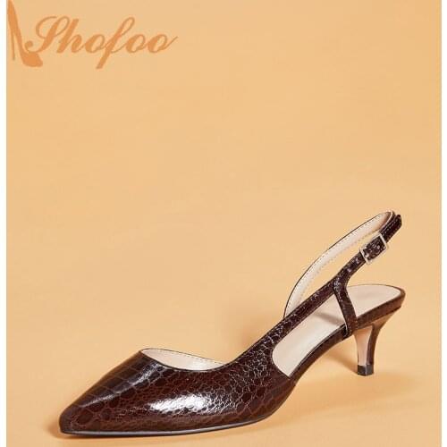 Croc Embossed Slingback Pumps High Kitten Heels Buckle Strap Women Pointed Toe Big Size 15 16 Ladies Woman Fashion Shoes Shofoo