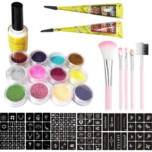 Waterproof Temporary Tattoo Body Paints Set with Glitter Powder Tattoo Cone Stencils Glue Brushes for Party Halloween Carnivals