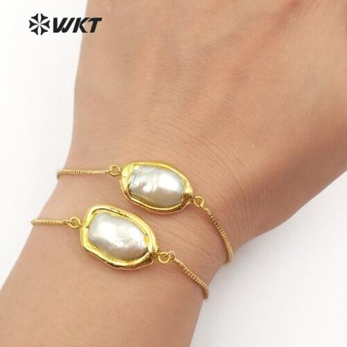 WT-B413 WKT Trendy natural freshwater pearl bracelets oval shape pearl with gold metal plated adjustable women bracelets