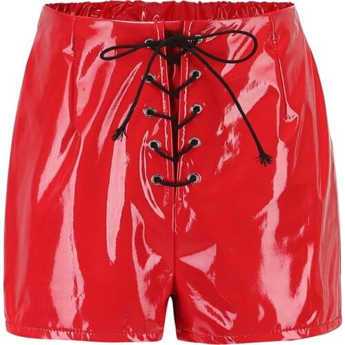 Women Sexy Glossy PU Red Leather Bondage Tight Shorts Drawstring Erotic Latex High Waist Elastic Short Hot Pants Romance Club