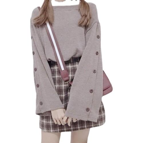 Harajuku Students Girl 2 Piece Sets 2021 New Women Fashion Long Sleeve Sweatshirt Top&Plaid Mini Skirt Sets Sweet Dress Suits