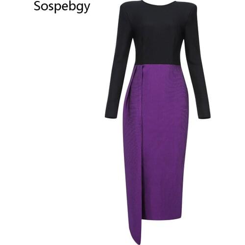 2020 Winter New Womens Long-sleeved Round Neck Stitching Color Long Bodycon Bandage Dress Celebrity Runway Party Dresses