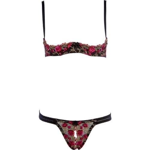 Women Sexy Underwear Exquisite Embroidery Flower Push Up Open Bra Crotch Panty Set Temptation Cupless Thong Lingerie Set