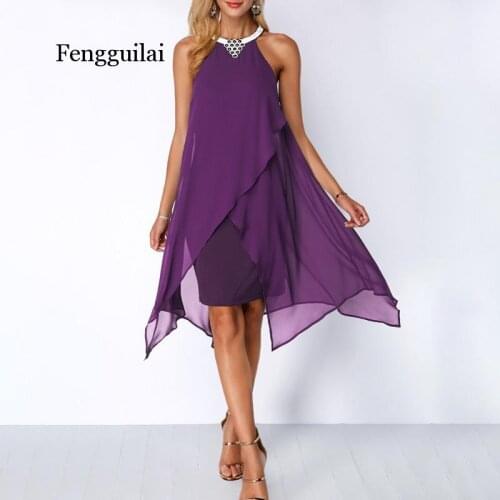 Plus Size Women Summer Round Neck Fashion Chiffon Sleeveless Dress Irregular Double Layer Beach Party sexy Loose Dresses