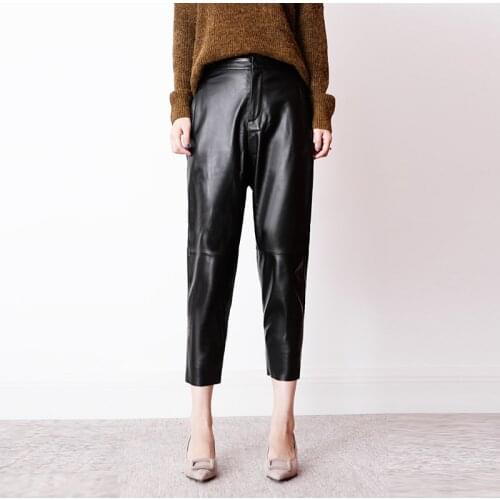 2020 Winter 100% Natural Leather Trousers Women Genuine Sheepskin Harem Pantalon Femme Black/Brown/Khaki Casual Cargo Pants