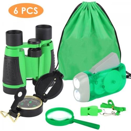6PCS Children Outdoor Exploration Set Kids Binoculars, LED Mini Flashlights, Magnifying Glass, Compass, Whistle Kids Adventure