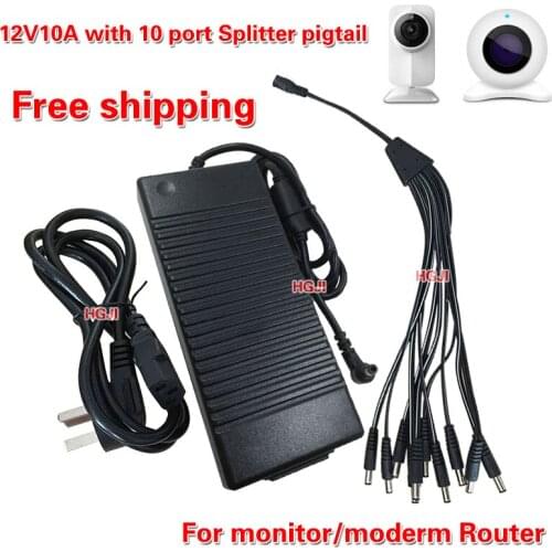 DC12V10A Adapter Power Adapter with 10 Port Splitter Pigtail 1 to10 port power adapter AC DC12v10a power supply Free shipping