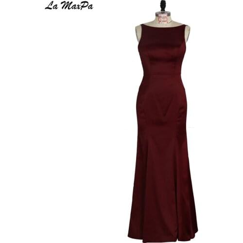 Boat Neck Burgandy Satin Bridesmaid Dress CMT121