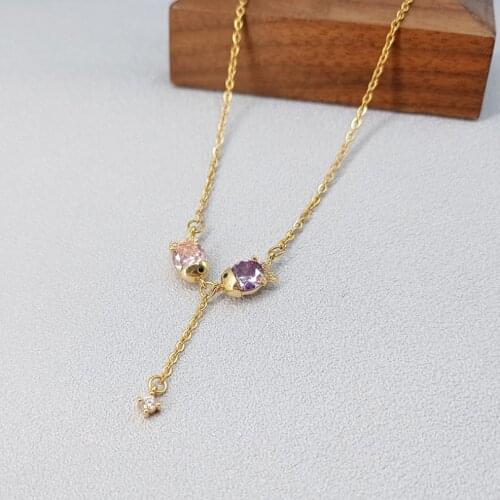 316L Stainless Steel Double Fish Color Zircon Pendant Charms Chain Choker Necklace For Women Fashion Fine Jewelry SAN647