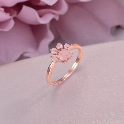 100% Natural Rose Quartz Rings For Women Bears Paw Foot 925 Silver Pink Gemstone Lovely Cute Ring Rose Gold Plated CCRI027