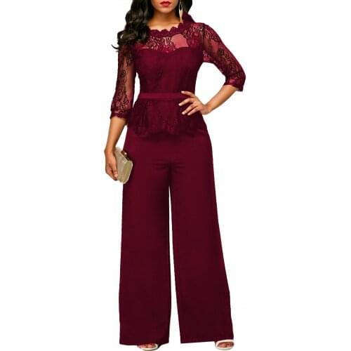 Jumpsuit Women Elegance Lace See Through Straight Pants High Waist Pantsuit Playsuit Female Bodysuit Overalls Women
