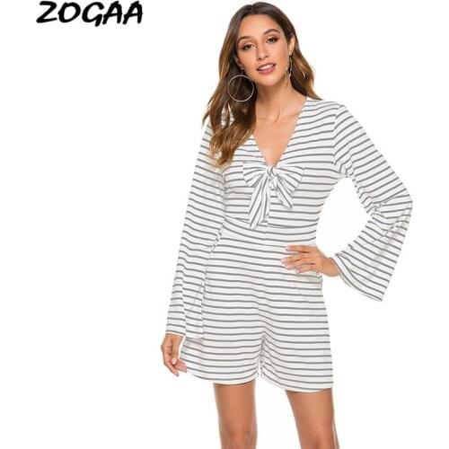 ZOGAA Jumpsuit Women Hot Sale New Striped Bow Fashion Leisure Straight Rompers Playsuits Chic All-match Daily Female Basic Girl