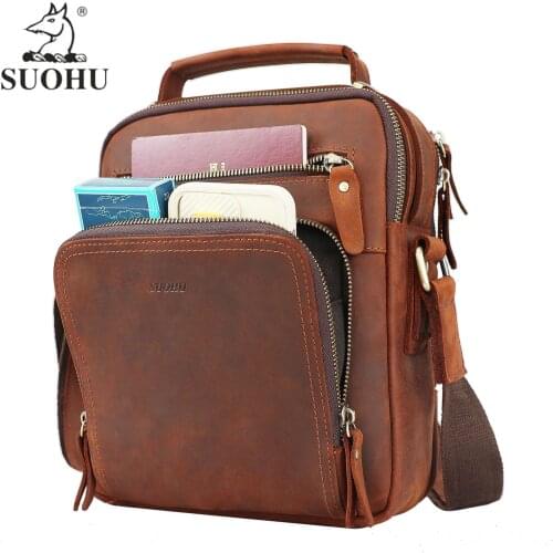 Suohu Leather Mens Fashion Briefcase Cross-body Bag Crazy Horse Leather Manufacturer Logo Custom Retro Shoulder Bag