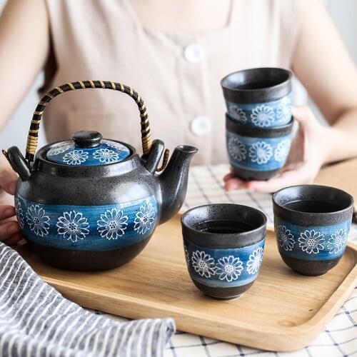 Japanese Tea Set Ceramic Tea Pot and Cups with Strainer Set Service For 4 Home Decor Teapots Housewarming Gift