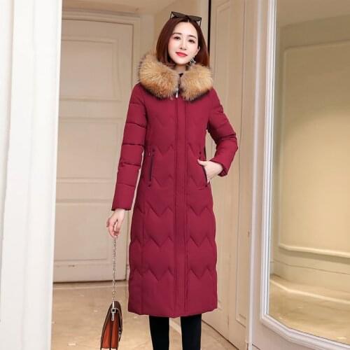 2021 New Winter Women X-Long Parkas Down Cotton Jacket Solid Slim Cotton Padded Coat for Female Thick Fur Collar Hooded Jacket