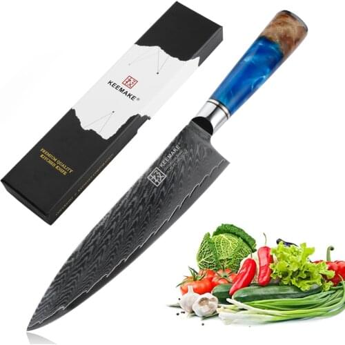 KEEMAKE 8'' Chef Knife Japanese Damascus AUS-10 Steel Sharp Blade Kitchen Knives Blue Resin Handle Meat Fruit Slicer Cutter Tool