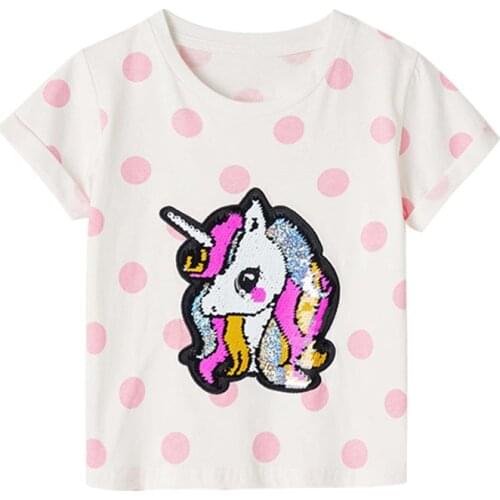 Jumping Meters New Summer Tees Tops Unicorn Beading Cotton Polka Dots Baby Cute T shirts Childrens Cute Clothing