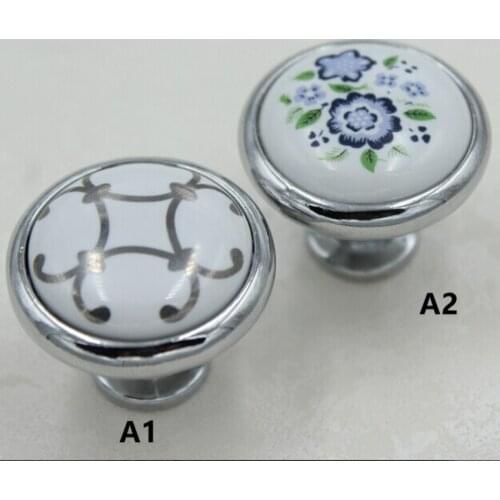 32mm Silver Kitchen Cabinet Knobs Blue Flower Ceramic Drawer Pull Silver chrome Dresser Wardrobe Handles Pull Knob modern simple