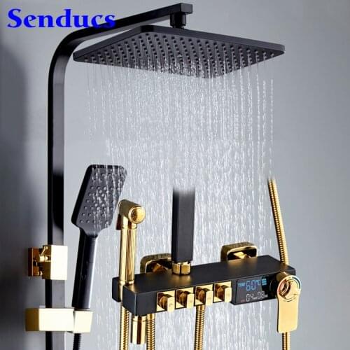 Senducs Bathroom Thermostatic Shower System Quality Brass Bathtub Mixer Faucet Rainfall Black Gold Digital Shower Mixer Set