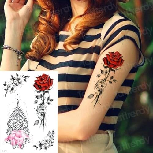 Temporary tattoo sticker roses flower women tatoo leaves sketch designs waterproof temporary tattoos sleeve body stickers