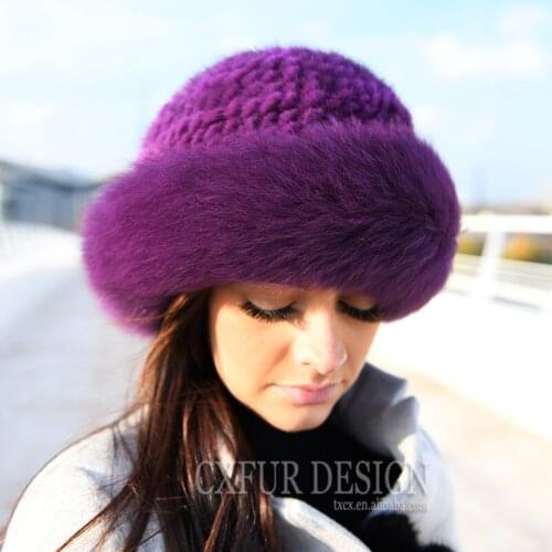 CX-C-209F New Design Handmade Mink Fur Knit Beanie Hat With Fox Trimmed