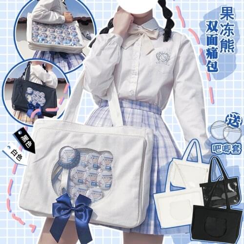 Japanese College Cute Bear Head Double-sided Itabag Lolita Transparent Shoulder Bag Canvas Totes Comic Show Handbag Students