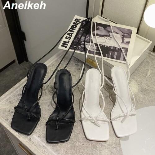 Aneikeh High Heels Femmes Sandales 2021 Women Shoes Narrow Band Head Peep Toe PU Fashion Cross-Tied Rome Zapatos De Mujer Summer