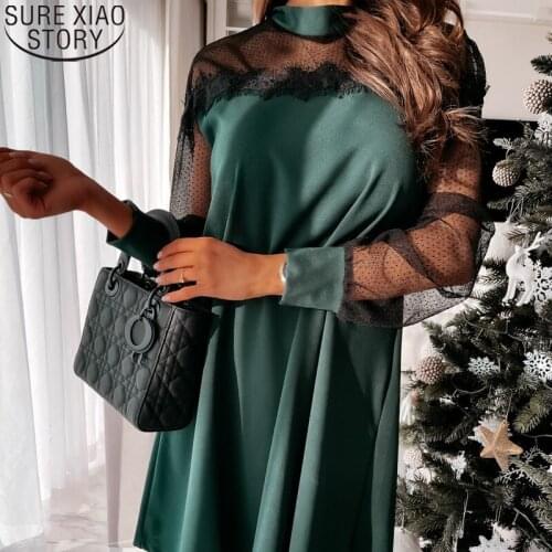 Spliced Dresses Fashion Women 2021 Spring Sexy Lace Dress Above Knee Plus Size Loose A-line Long Sleeve Dress Green Vestidos