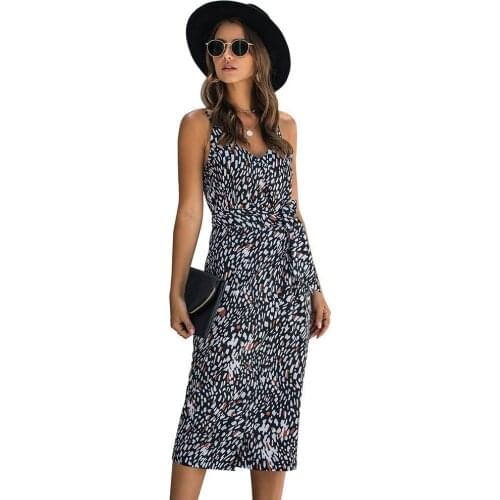 Women Dresses Fashion Summer Adjustable Straps V Neck Print Hem Slit Backless Waist Belt Sling Dress Summer 2021 vestidos