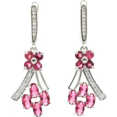 39x14mm Delicate Fine Cut Created Pink Raspberry Rhodolite Garnet Violet Tanzanite CZ For Ladies Dating Silver Dangle Earrings