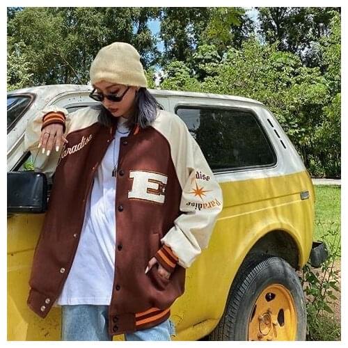 Oversized streetwear retro baseball uniform jacket womens Harajuku style PU leather contrast stitching mens casual jacket tops