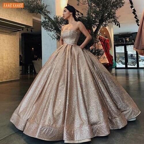 Sparkly Arabic Rose Gold Long Evening Dresses Strapless fluffy Ball Gown Formal Dress Women Custom Made African Evening Gowns