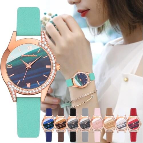 Women Fashion Rhinestone Green Watch Casual Leather Strap Ladies Quartz Watches Clock Zegarek Damski