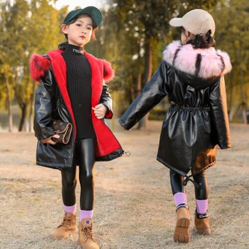 3-12 Years Children Faux Fur PU Coat Baby Hooded Thicken Warm Jacket Girls Long Overcoat Winter Kids Girls Casual Outwear
