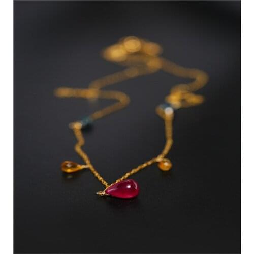 DMBS236 Gypsophila Ruby Faceted Sapphire Necklace Female Gemstones Genuine Yellow 18K Gold Water Drop Pendant