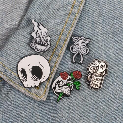 Skeleton Enamel Pin Skull Coffee Ghost Rose Badge Brooch Lapel Pin Denim Jean Shirt Bag Gothic Punk Jewelry Gift for Friends