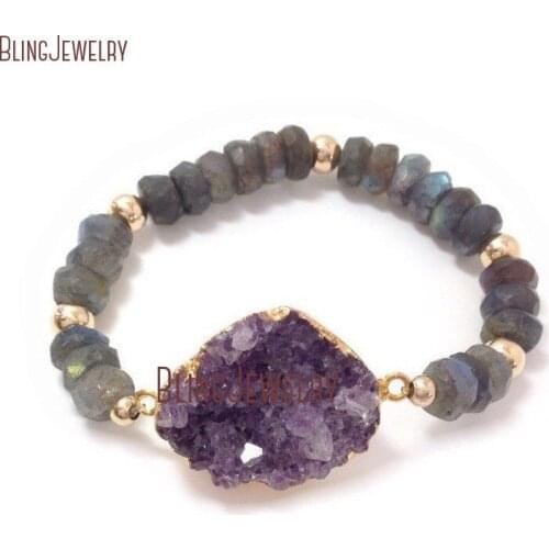 Faceted Labradorite Rondelles Beads Bracelets Raw Amethysts Druzy Cluster Connector Bracelet BM19418