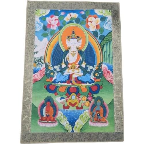 China Old Tibet Silk Thangka Like Hanging Painting fengshui Three Face Buddha Portrait